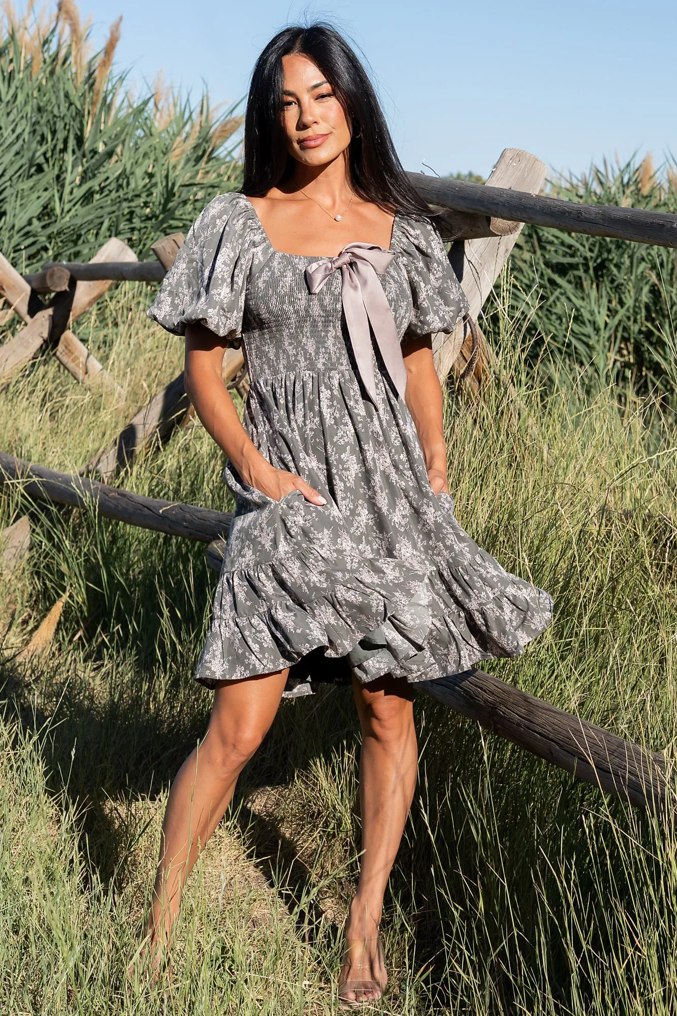 Anastasia Bow Short Dress | Dusty Olive Print sold by Baltic Born