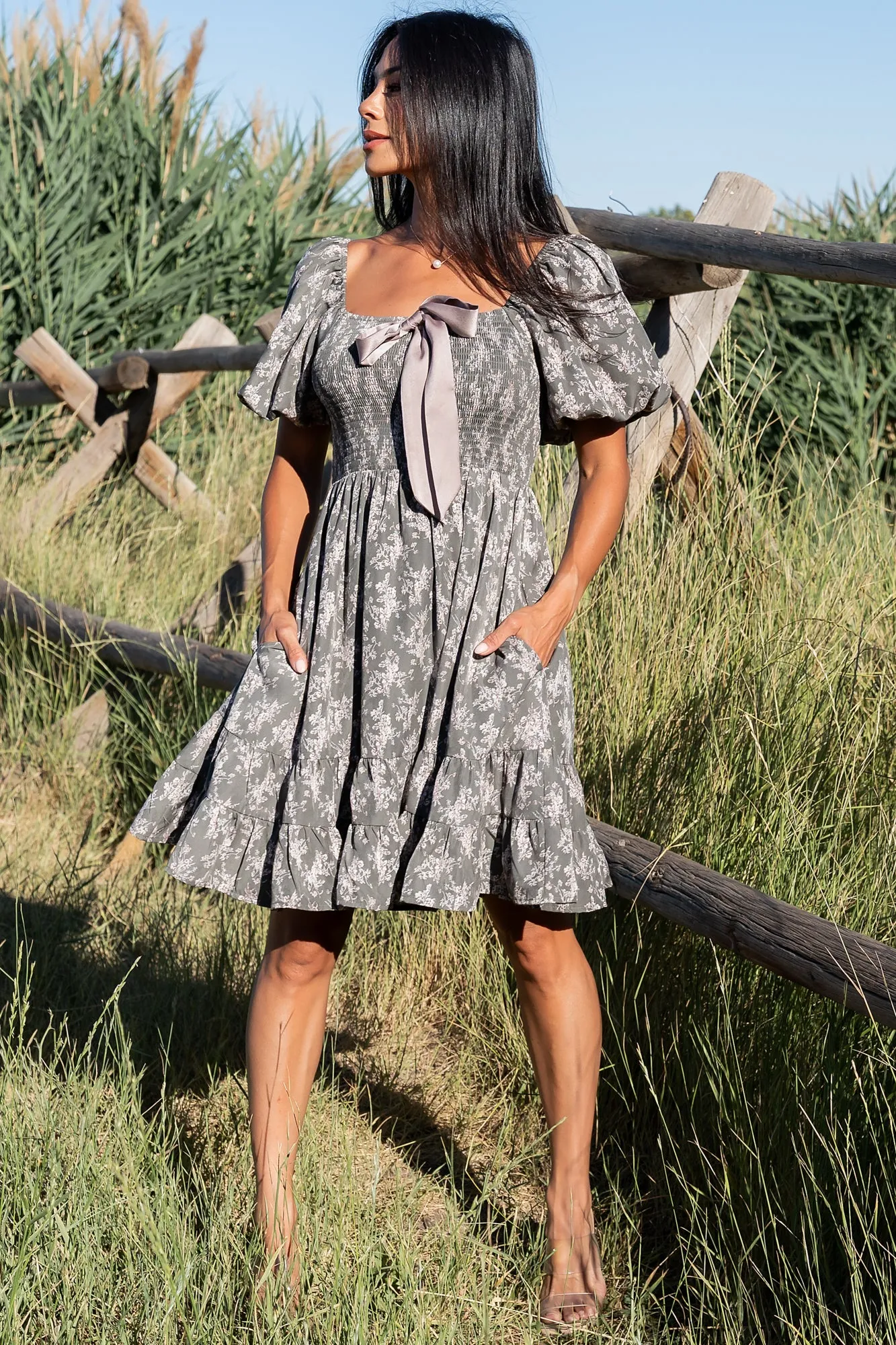 Anastasia Bow Short Dress | Dusty Olive Print sold by Baltic Born product image thumbnail 5
