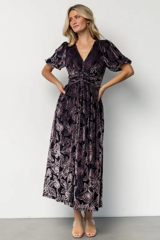 Dahlia Velvet Dress | Indigo + Purple Floral sold by Baltic Born