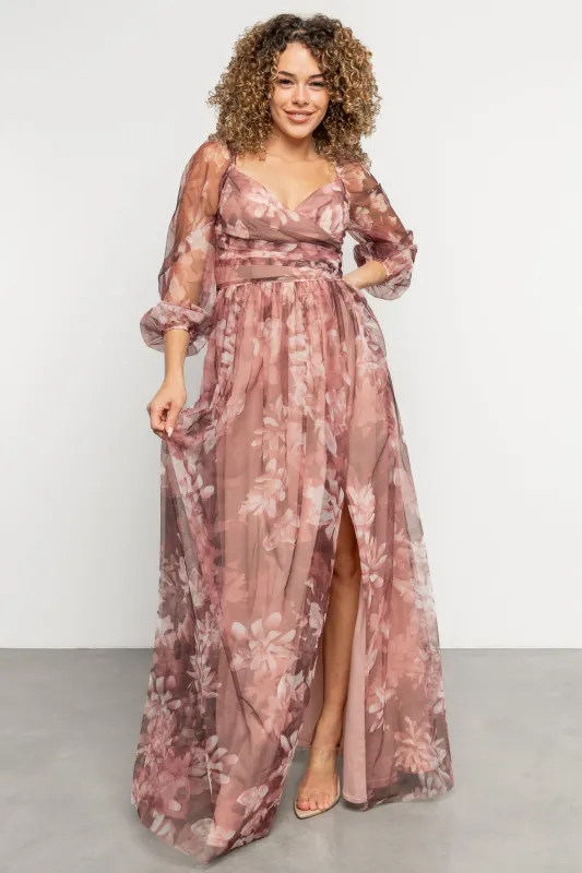 Nara Tulle Maxi Dress | Deep Mauve Floral sold by Baltic Born