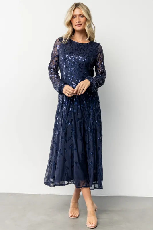Kalla Sequin Midi Dress | Navy sold by Baltic Born