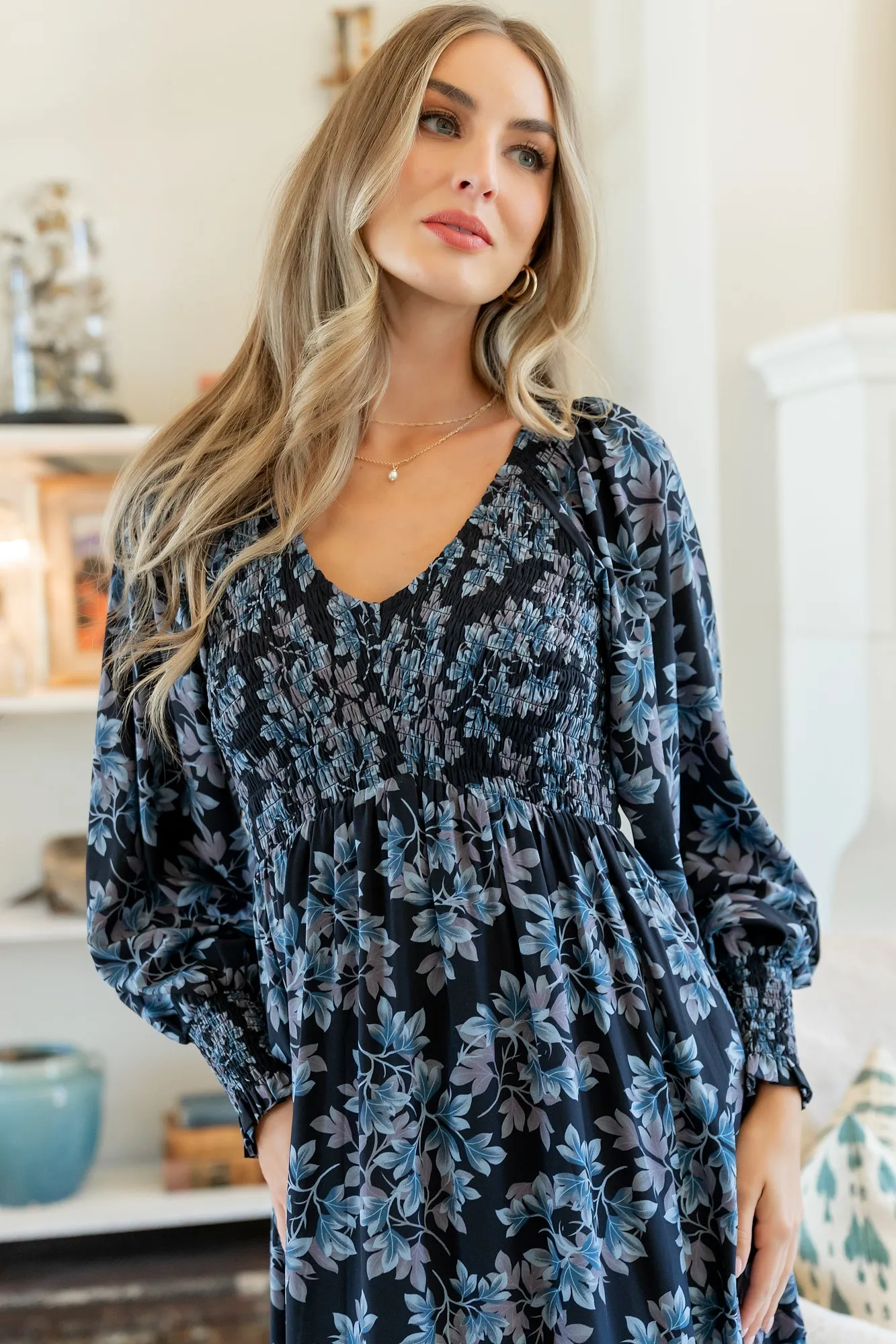 Rayna Smocked Dress | Midnight + Blue Floral sold by Baltic Born product image thumbnail 3