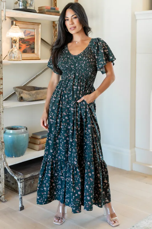 Jerah Smocked Dress | Deep Jade Floral sold by Baltic Born