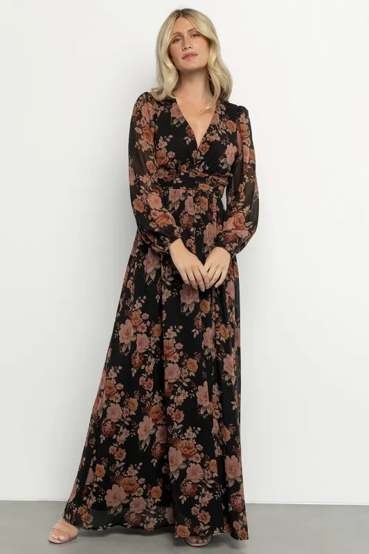Adira Maxi Dress | Black + Mauve Floral sold by Baltic Born