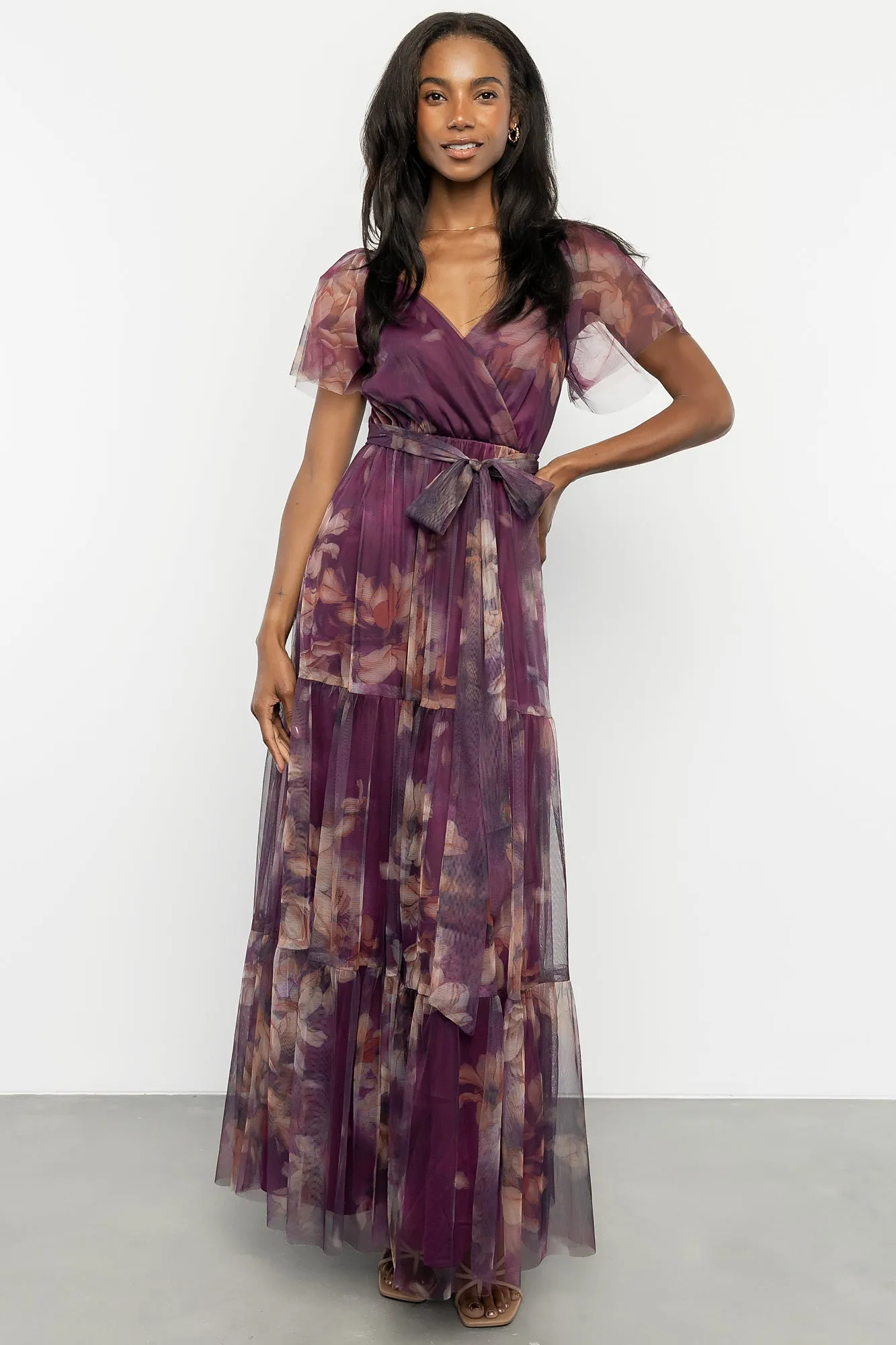 Nicola Tulle Maxi Dress | Aubergine Floral sold by Baltic Born