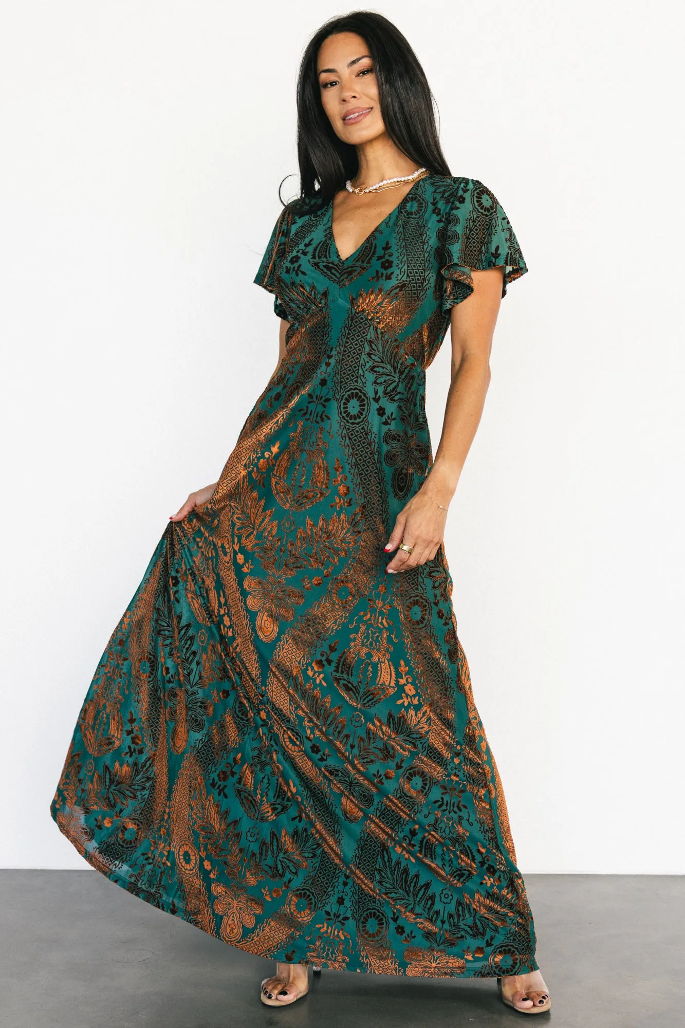 Kimberly Velvet Maxi Dress | Jade + Bronze sold by Baltic Born