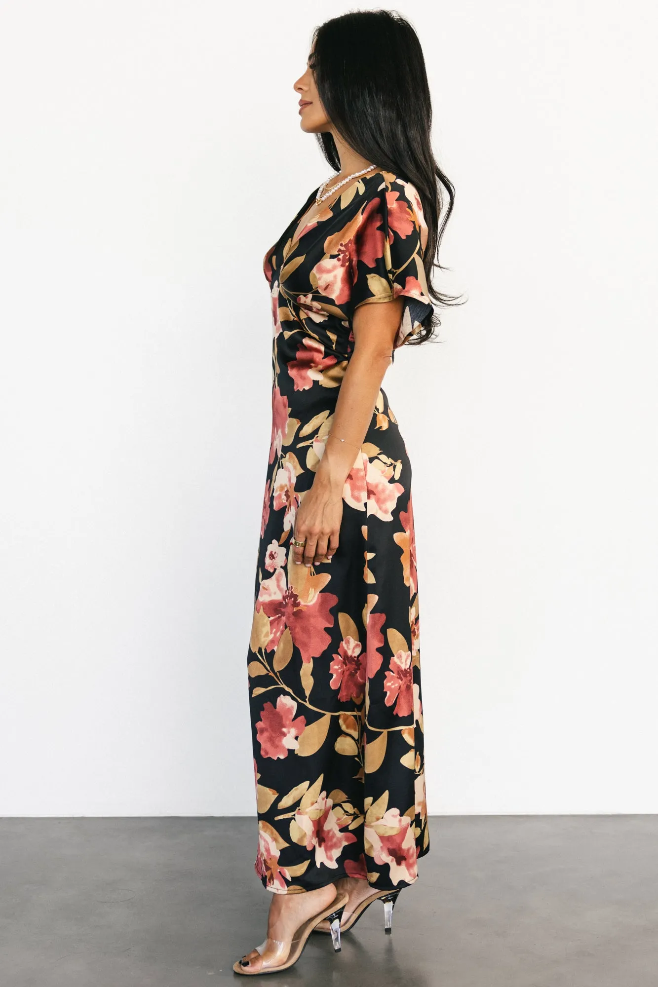 Milana Satin Maxi Dress | Black Floral sold by Baltic Born product image thumbnail 3