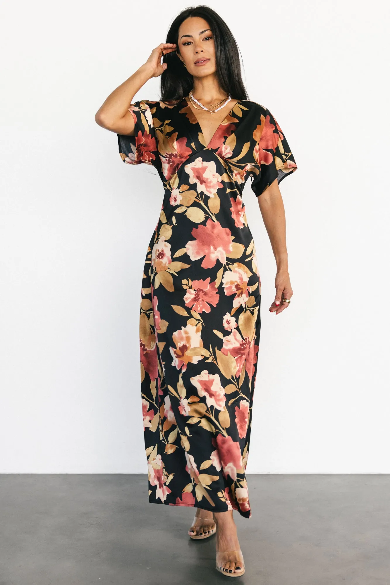 Milana Satin Maxi Dress | Black Floral sold by Baltic Born