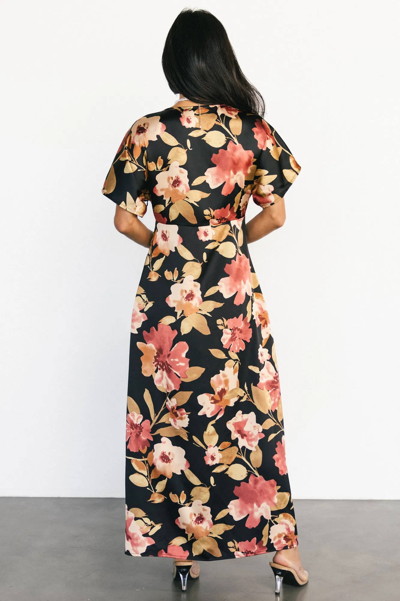 Milana Satin Maxi Dress | Black Floral sold by Baltic Born product image thumbnail 4