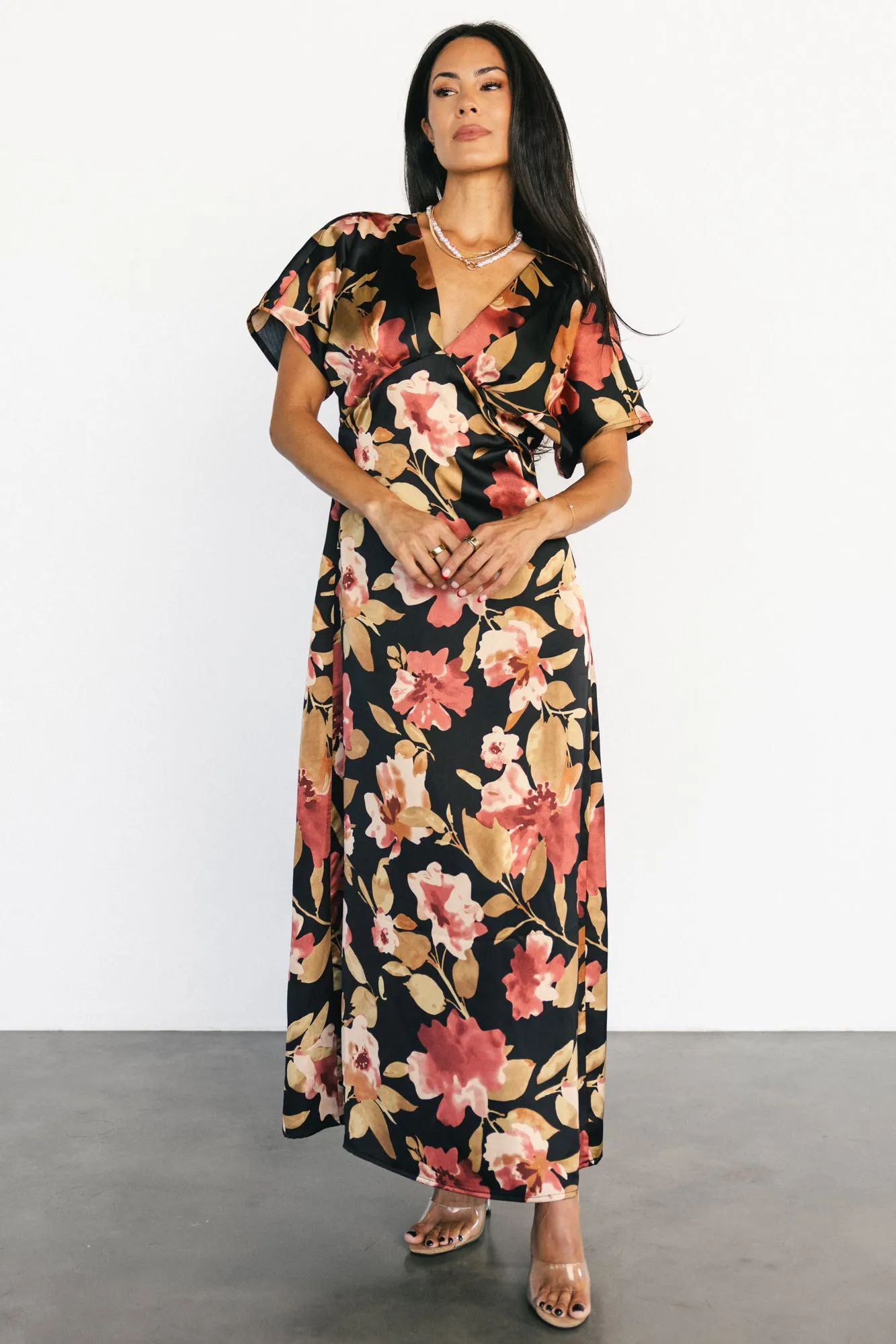 Milana Satin Maxi Dress | Black Floral sold by Baltic Born product image thumbnail 5