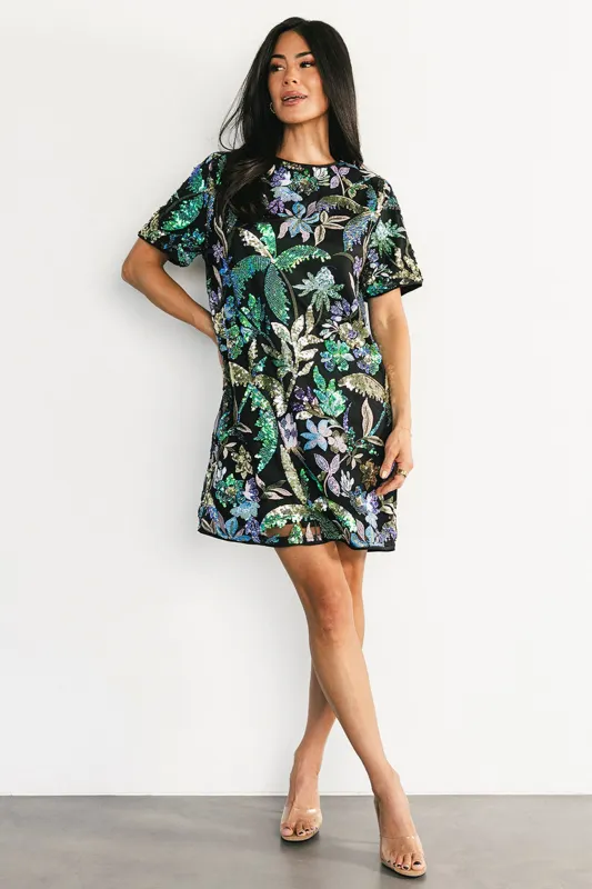 Patricia Sequin Short Dress | Black + Blue Multi made by Flying Tomato