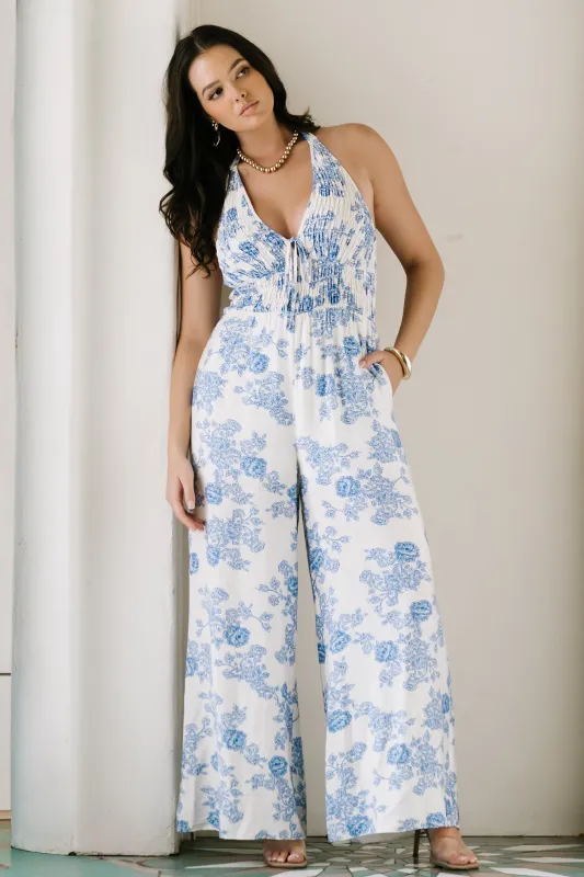 Promesa Halter Jumpsuit | Blue Floral sold by Baltic Born