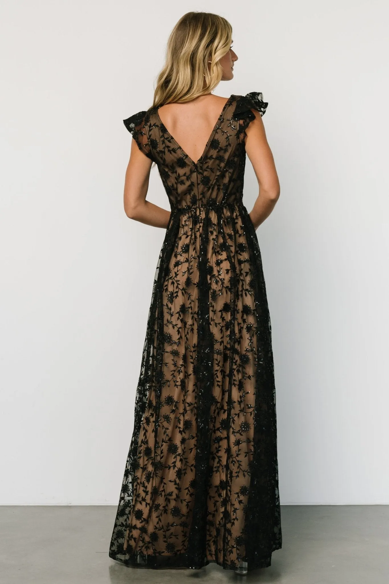 Alexa Embroidered Sequin Maxi Dress | Black + Nude sold by Baltic Born product image thumbnail 4