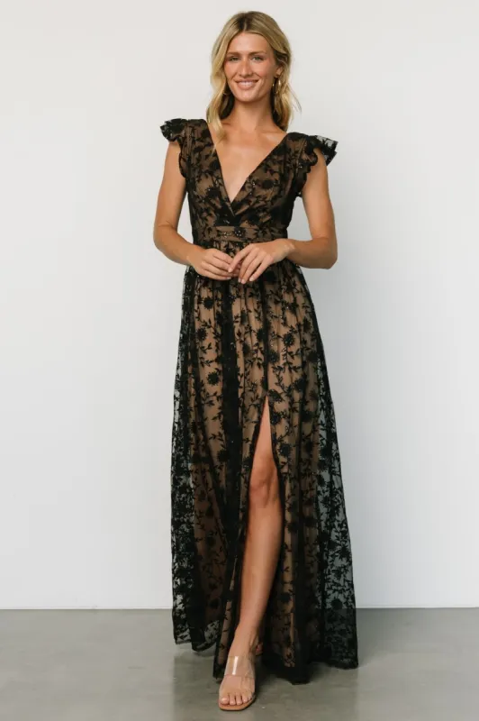 Alexa Embroidered Sequin Maxi Dress | Black + Nude sold by Baltic Born