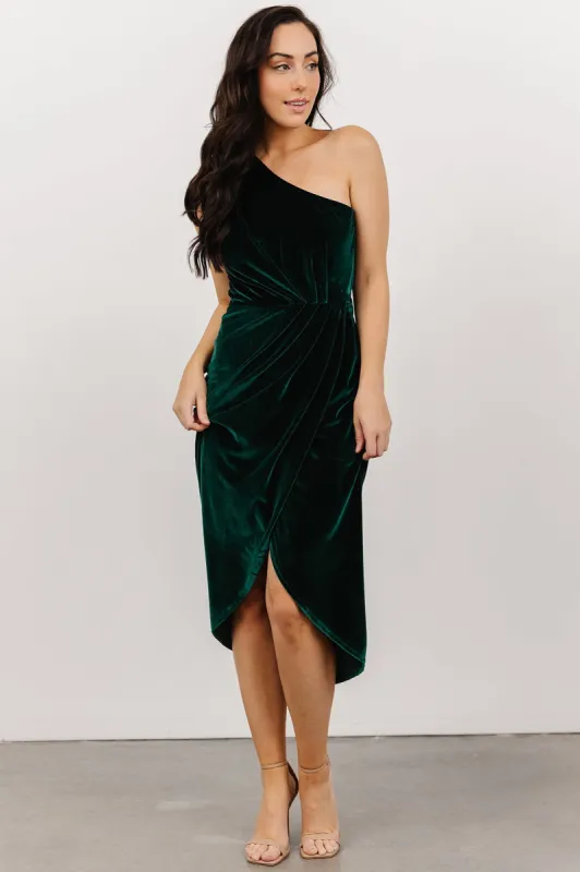 Kourtney Velvet One Shoulder Midi Dress | Emerald sold by Baltic Born