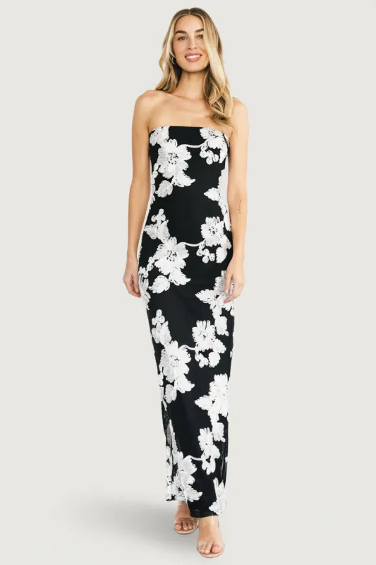 Chantelle Strapless Maxi Dress | Black + White Floral made by Polagram
