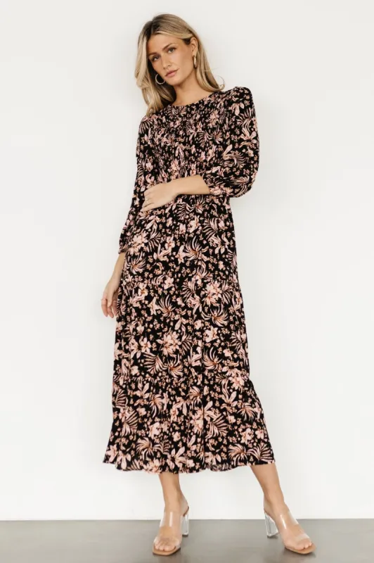 Rochelle Smocked Midi Dress | Black Multi Floral sold by Baltic Born