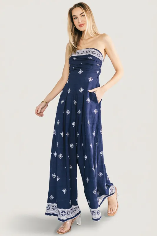 Córdoba Strapless Jumpsuit | Navy Print sold by Baltic Born