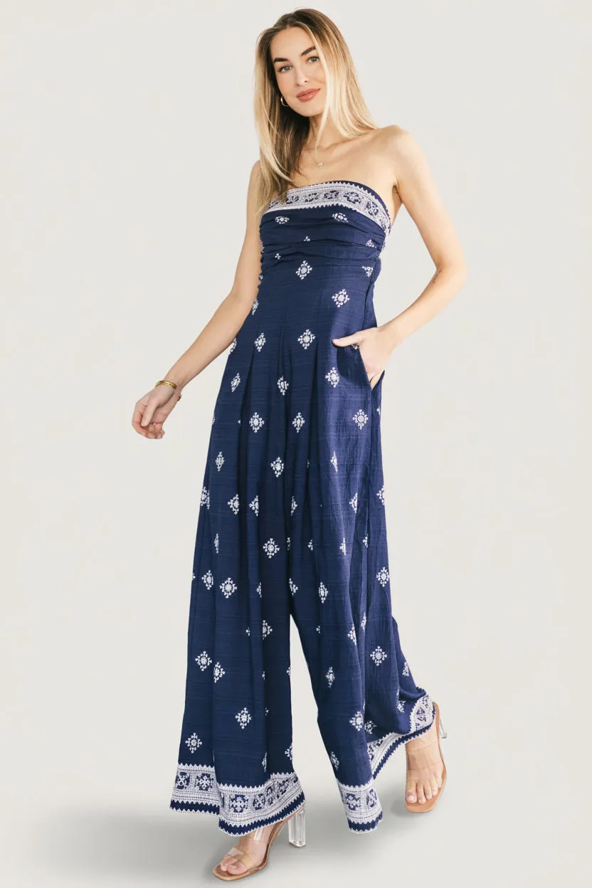 Córdoba Strapless Jumpsuit | Navy Print sold by Baltic Born