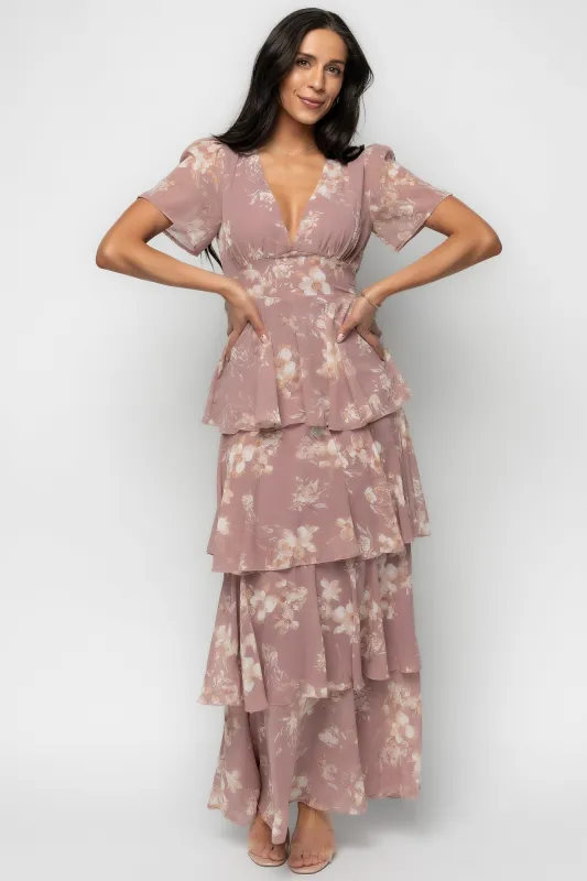Montaigne Ruffle Maxi Dress | Mauve Floral sold by Baltic Born