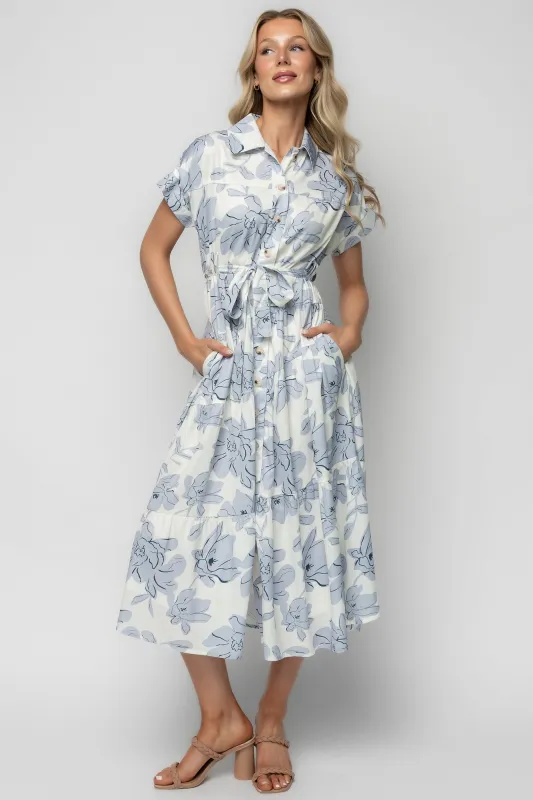 Claire Button Up Midi Dress | Ivory + Blue Floral made by Polagram