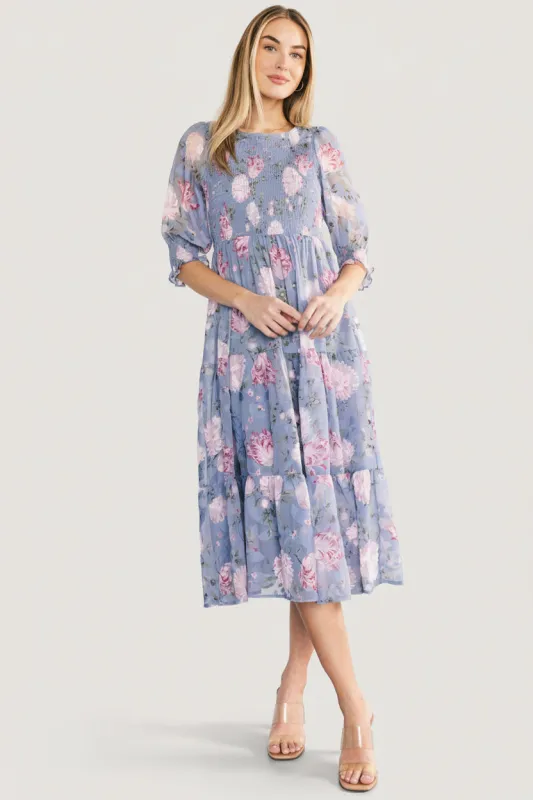 Nellie Smocked Midi Dress | Dusty Blue Floral made by Baltic Born