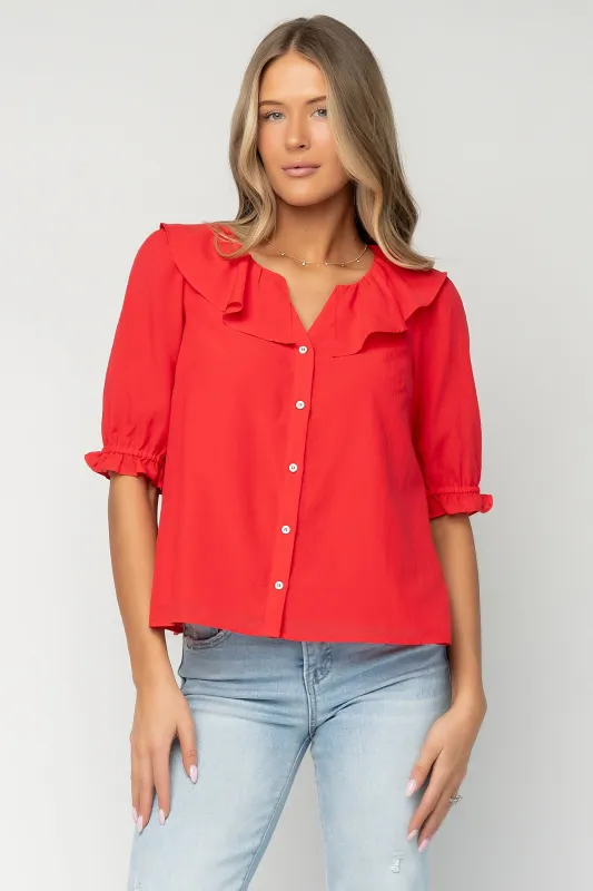 Daisy Ruffle Button Up Top | Red made by Inloom