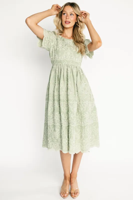 Margot Eyelet Midi Dress | Sage sold by Baltic Born