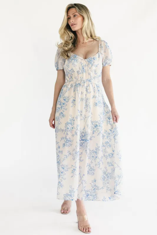 Vada Midi Dress | Cream + Blue Floral made by Aakaa