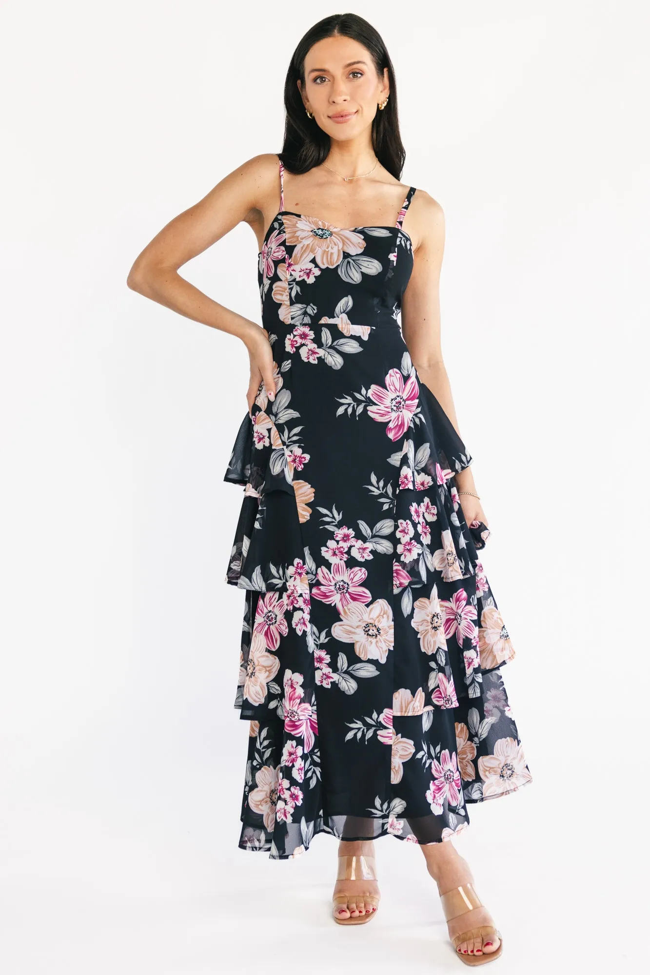 Hallie Tiered Maxi Dress | Black Multi Floral sold by Baltic Born