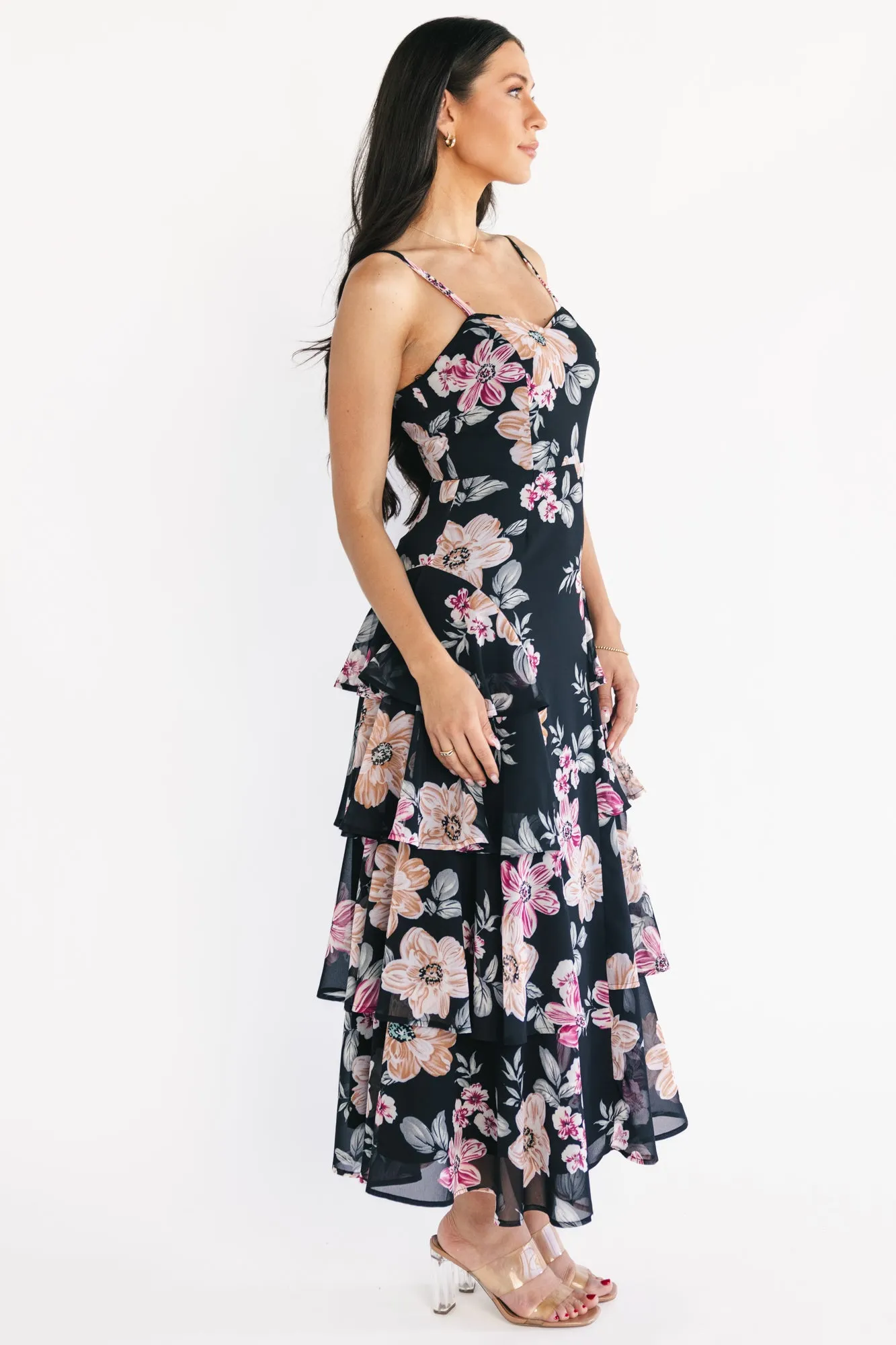 Hallie Tiered Maxi Dress | Black Multi Floral sold by Baltic Born product image thumbnail 3