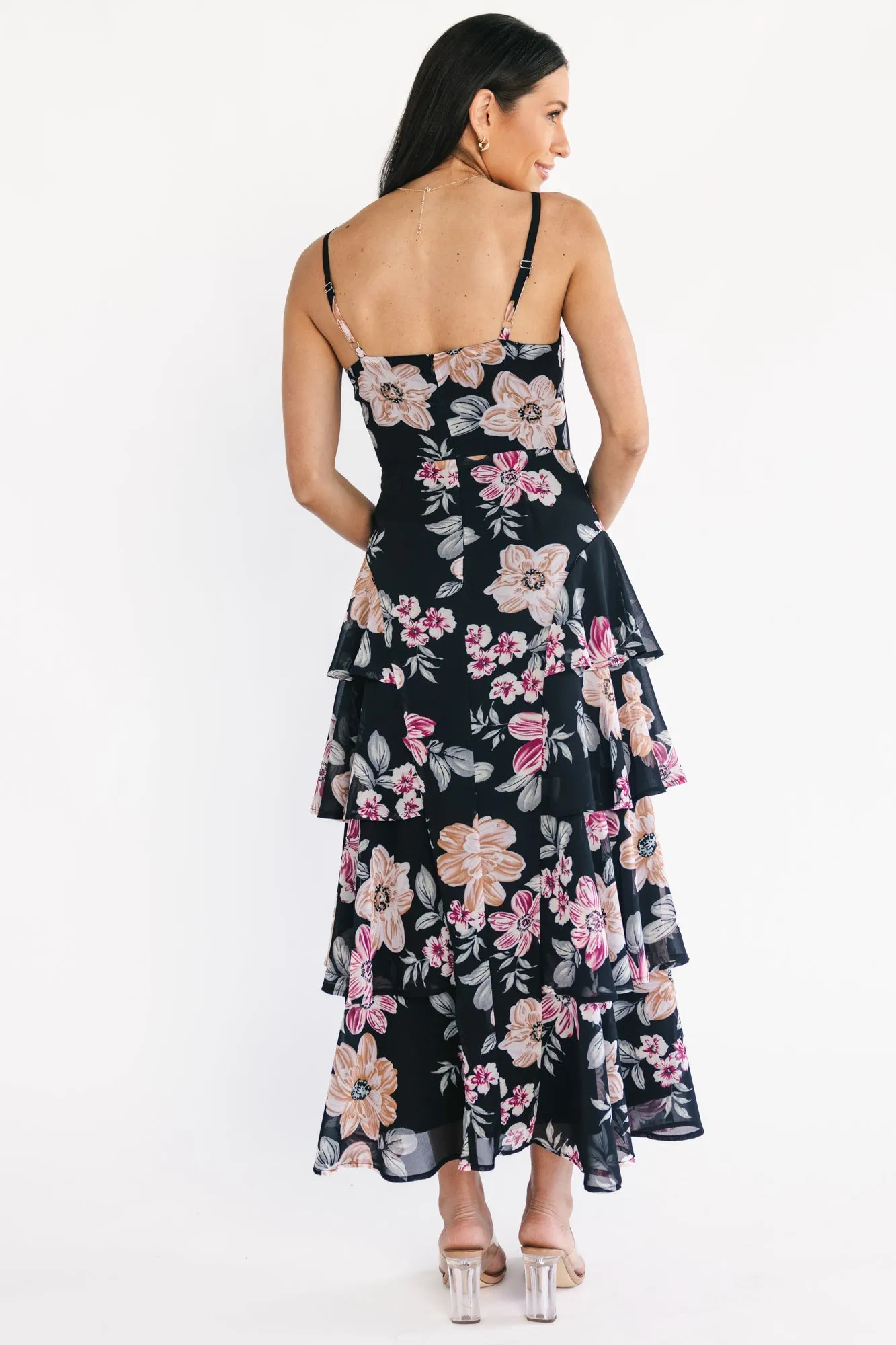 Hallie Tiered Maxi Dress | Black Multi Floral sold by Baltic Born product image thumbnail 4