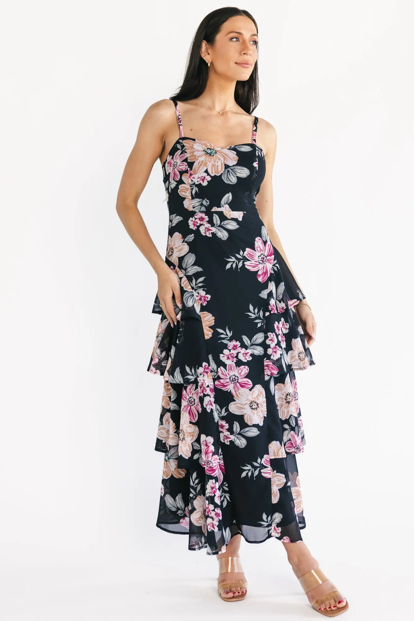 Hallie Tiered Maxi Dress | Black Multi Floral sold by Baltic Born product image thumbnail 5