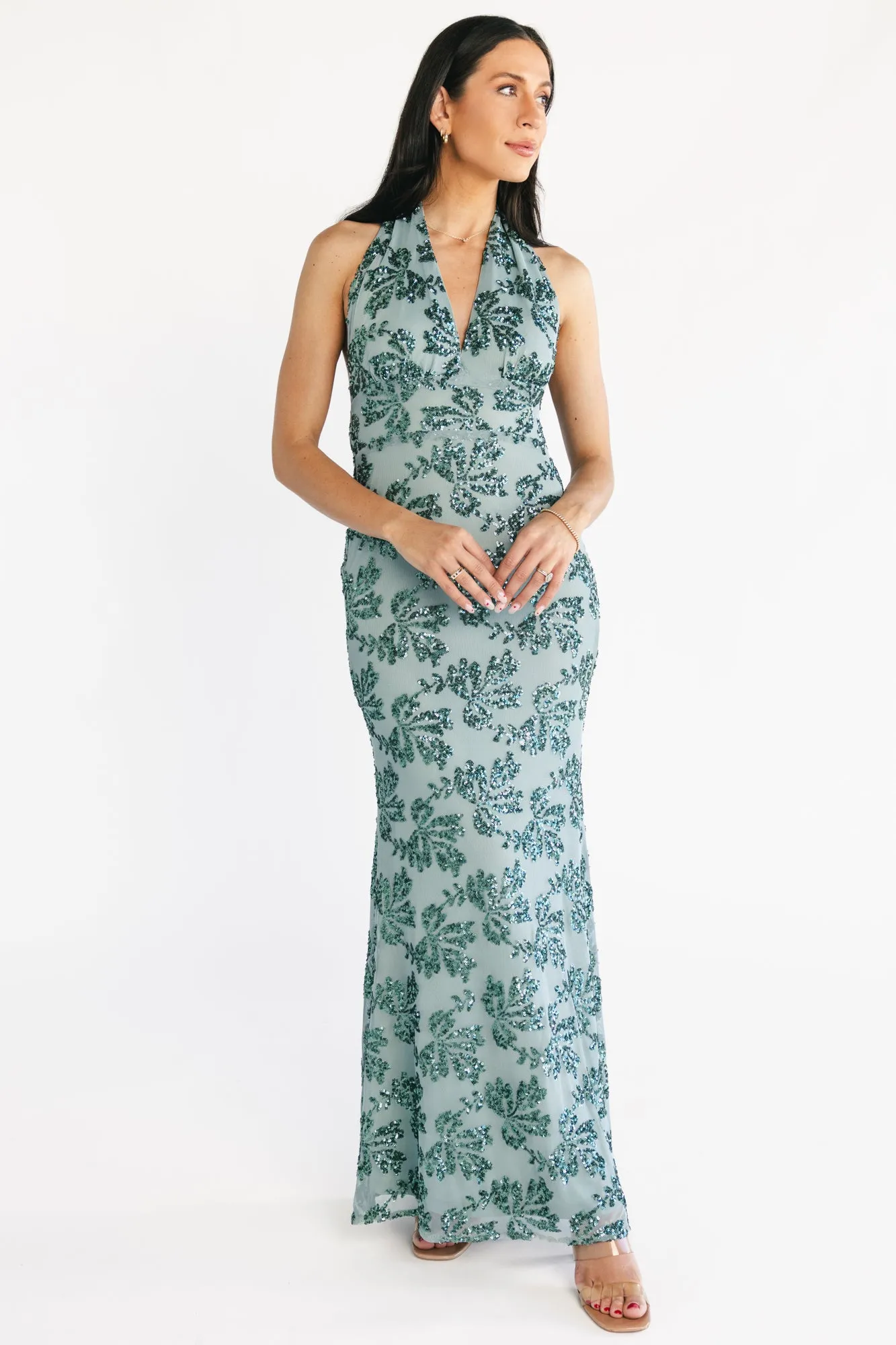 Gabriella Sequin Halter Gown | Eucalyptus sold by Baltic Born