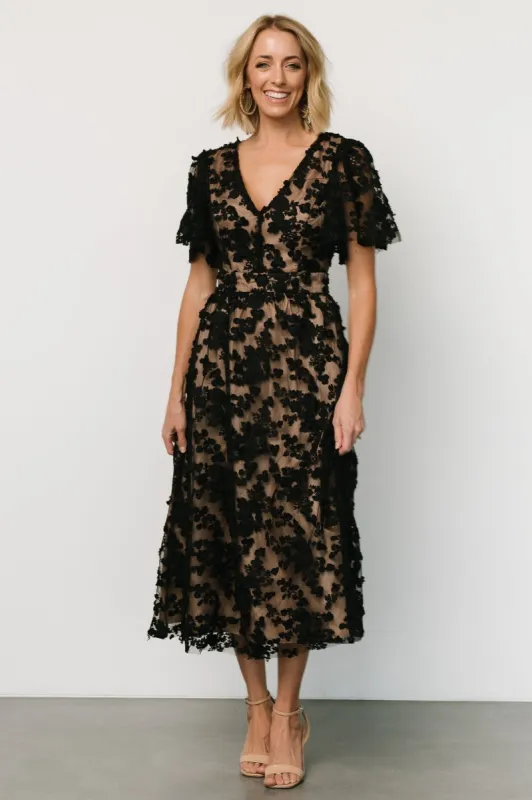 Sadie Embroidered Midi Dress | Black + Nude sold by Baltic Born