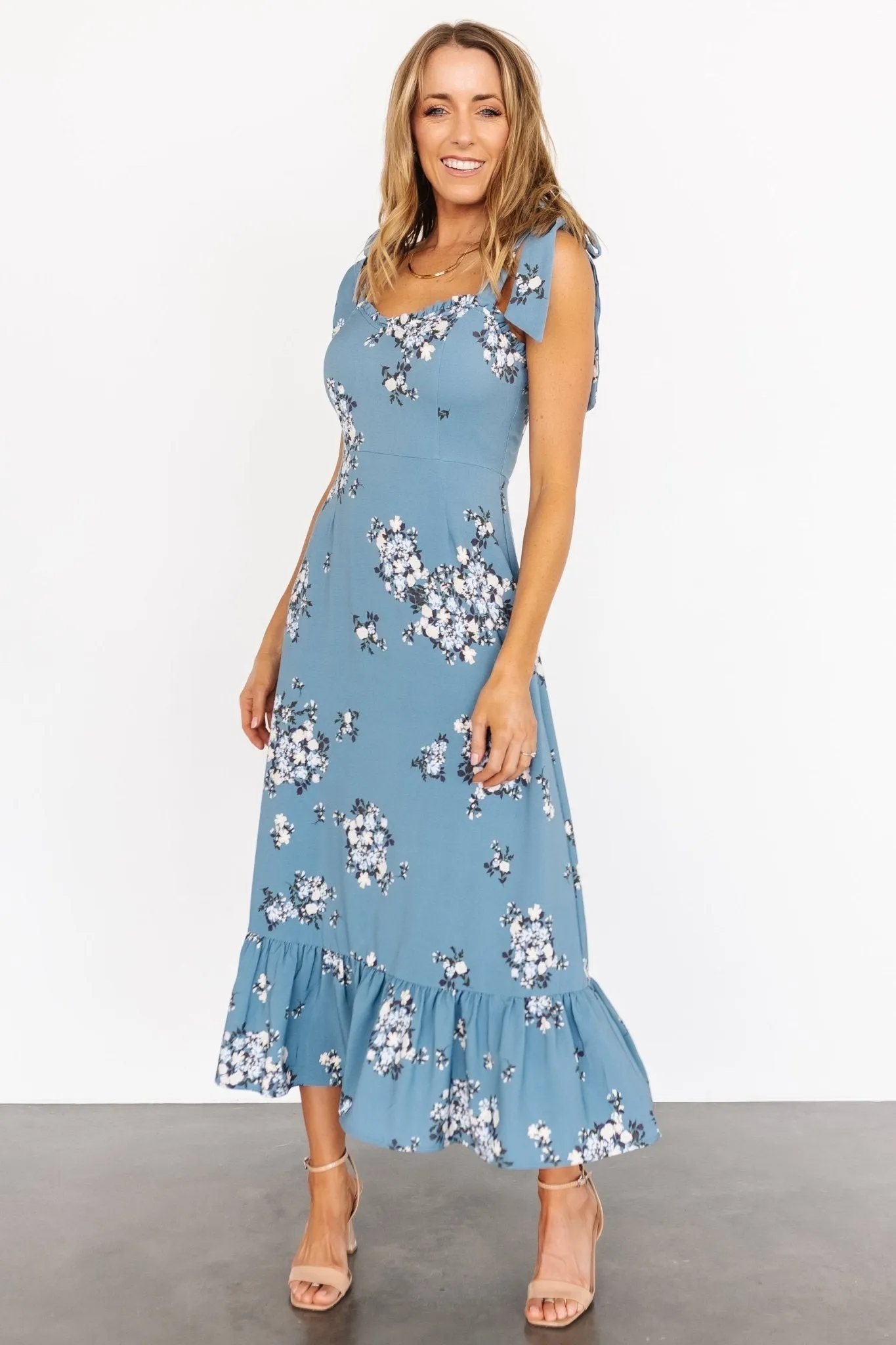 Krissy Midi Dress | Dusty Blue Floral sold by Baltic Born