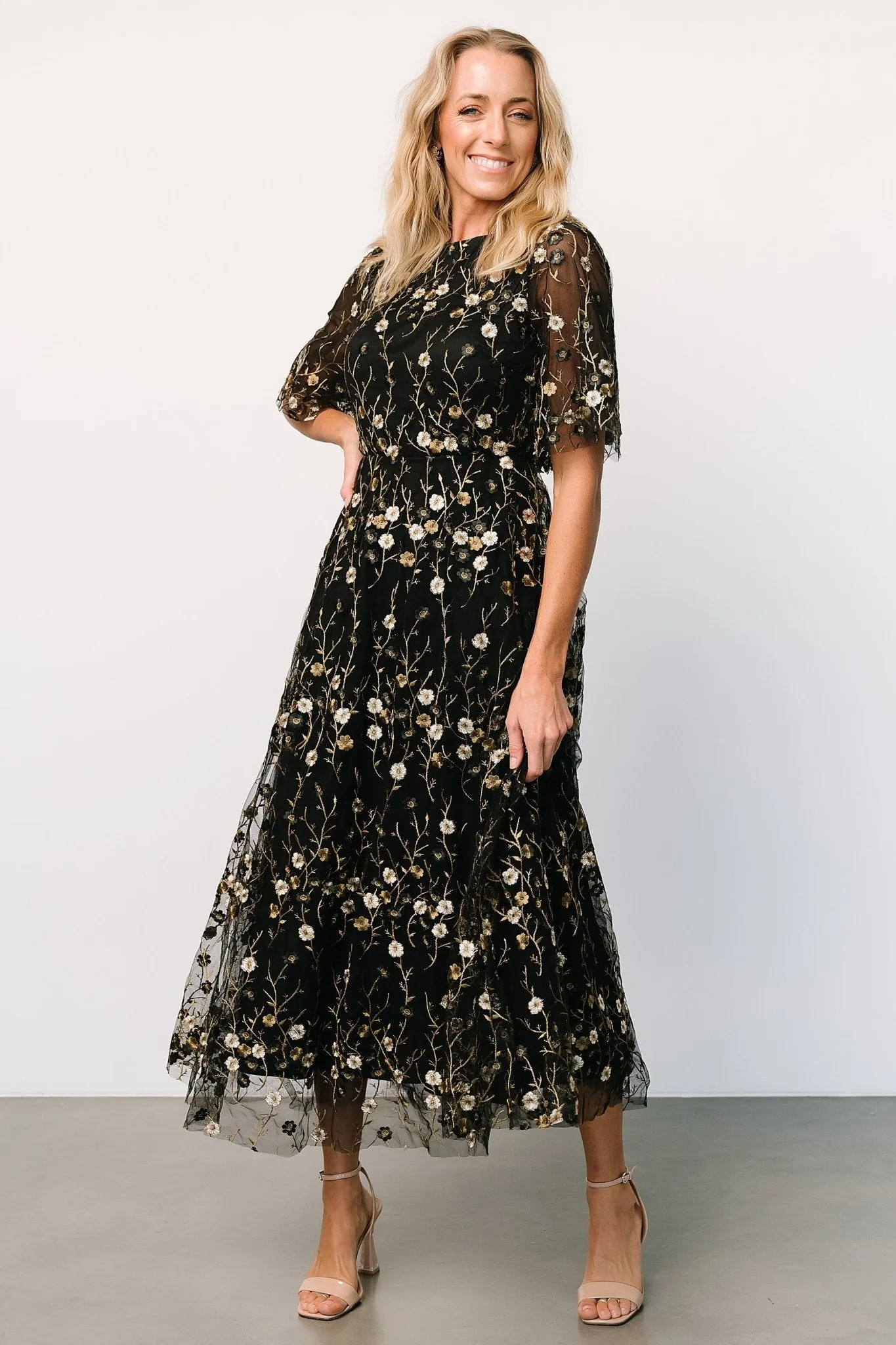 Arabella Embroidered Tulle Maxi Dress | Gold + Black sold by Baltic Born product image thumbnail 3