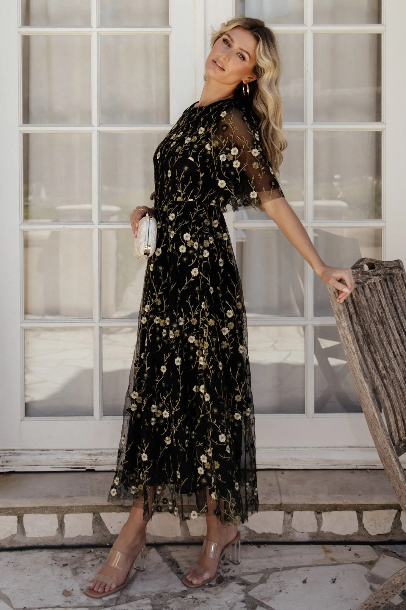Arabella Embroidered Tulle Maxi Dress | Gold + Black sold by Baltic Born product image thumbnail 4
