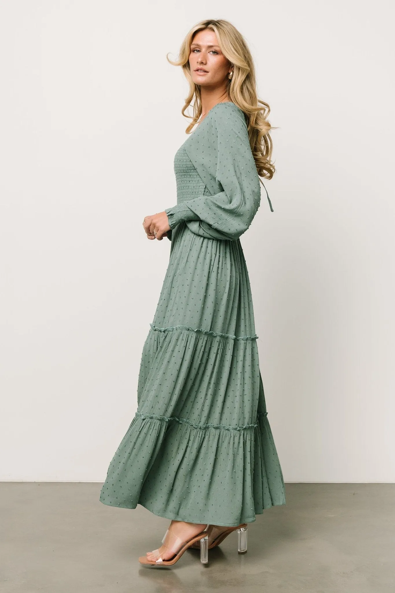 Bayley Smocked Dotted Maxi Dress | Dark Eucalyptus sold by Baltic Born product image thumbnail 4