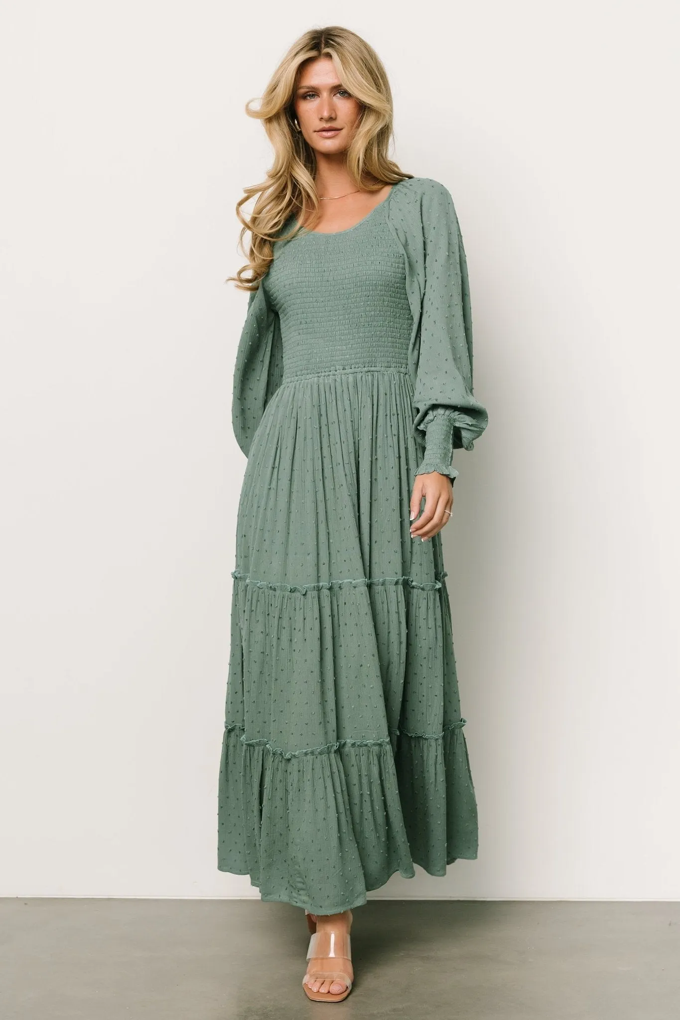 Bayley Smocked Dotted Maxi Dress | Dark Eucalyptus sold by Baltic Born