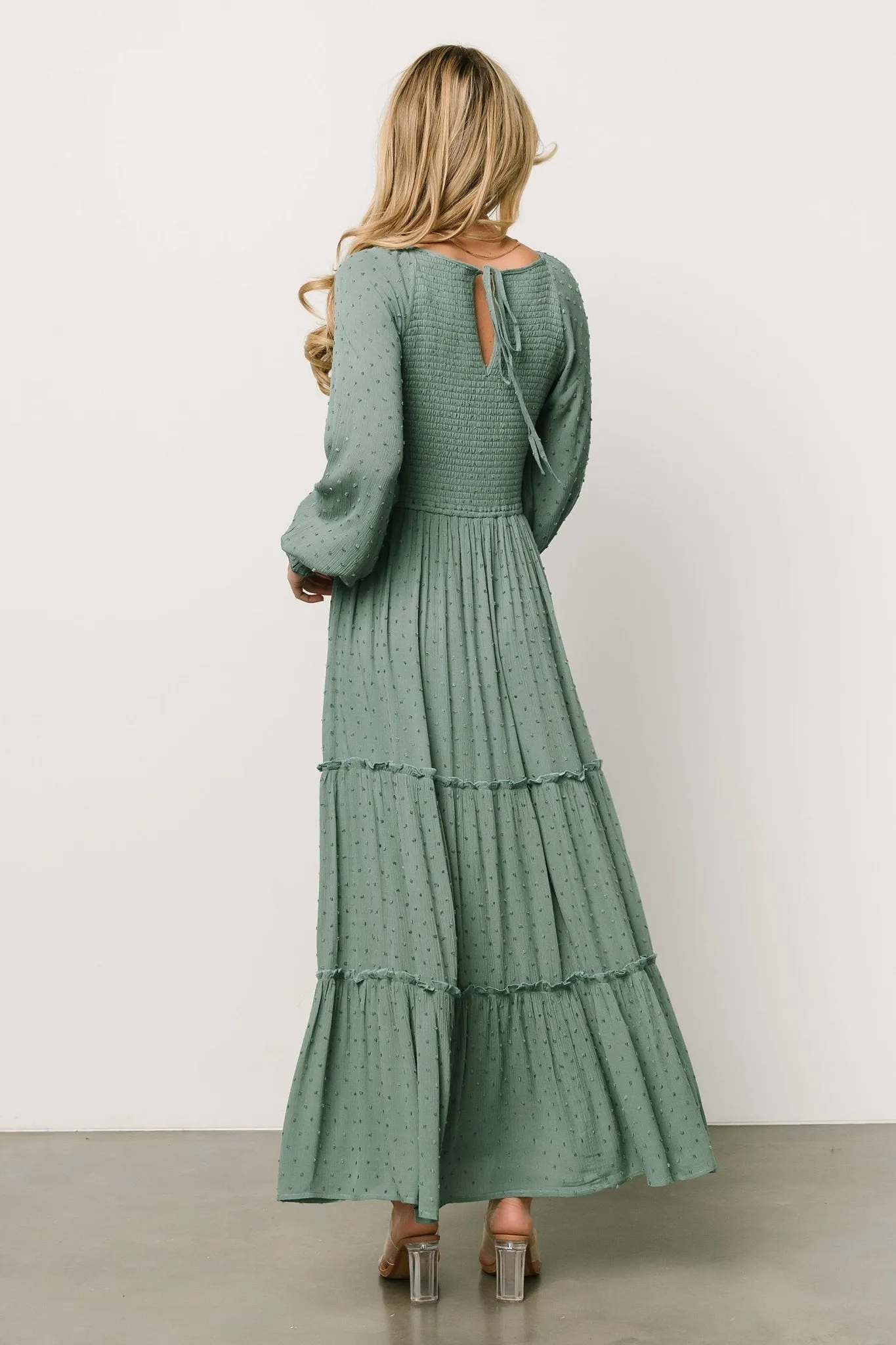 Bayley Smocked Dotted Maxi Dress | Dark Eucalyptus sold by Baltic Born product image thumbnail 5