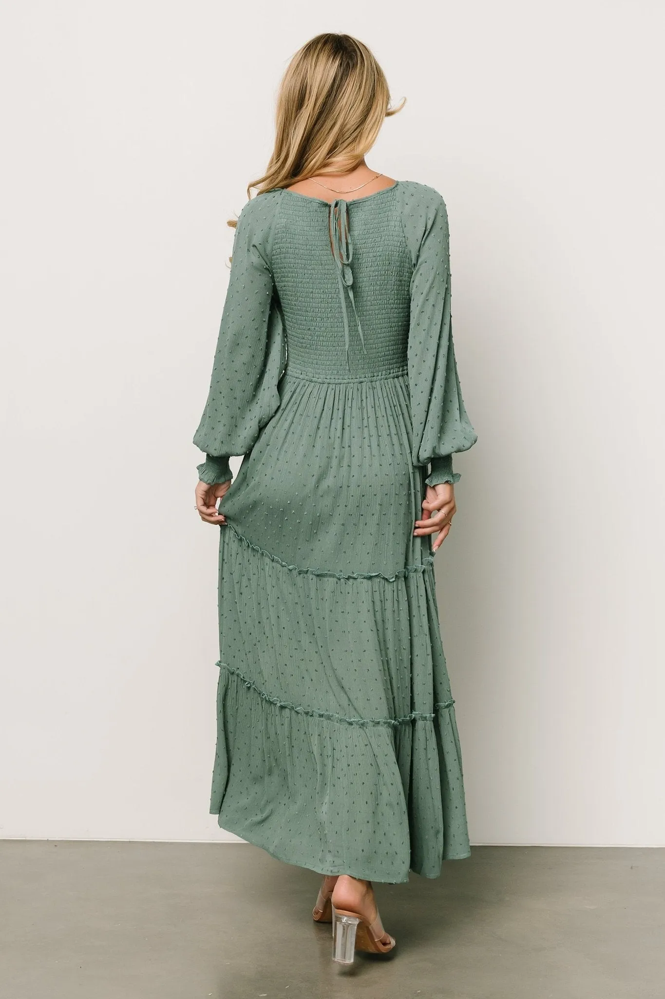 Bayley Smocked Dotted Maxi Dress | Dark Eucalyptus sold by Baltic Born product image thumbnail 2