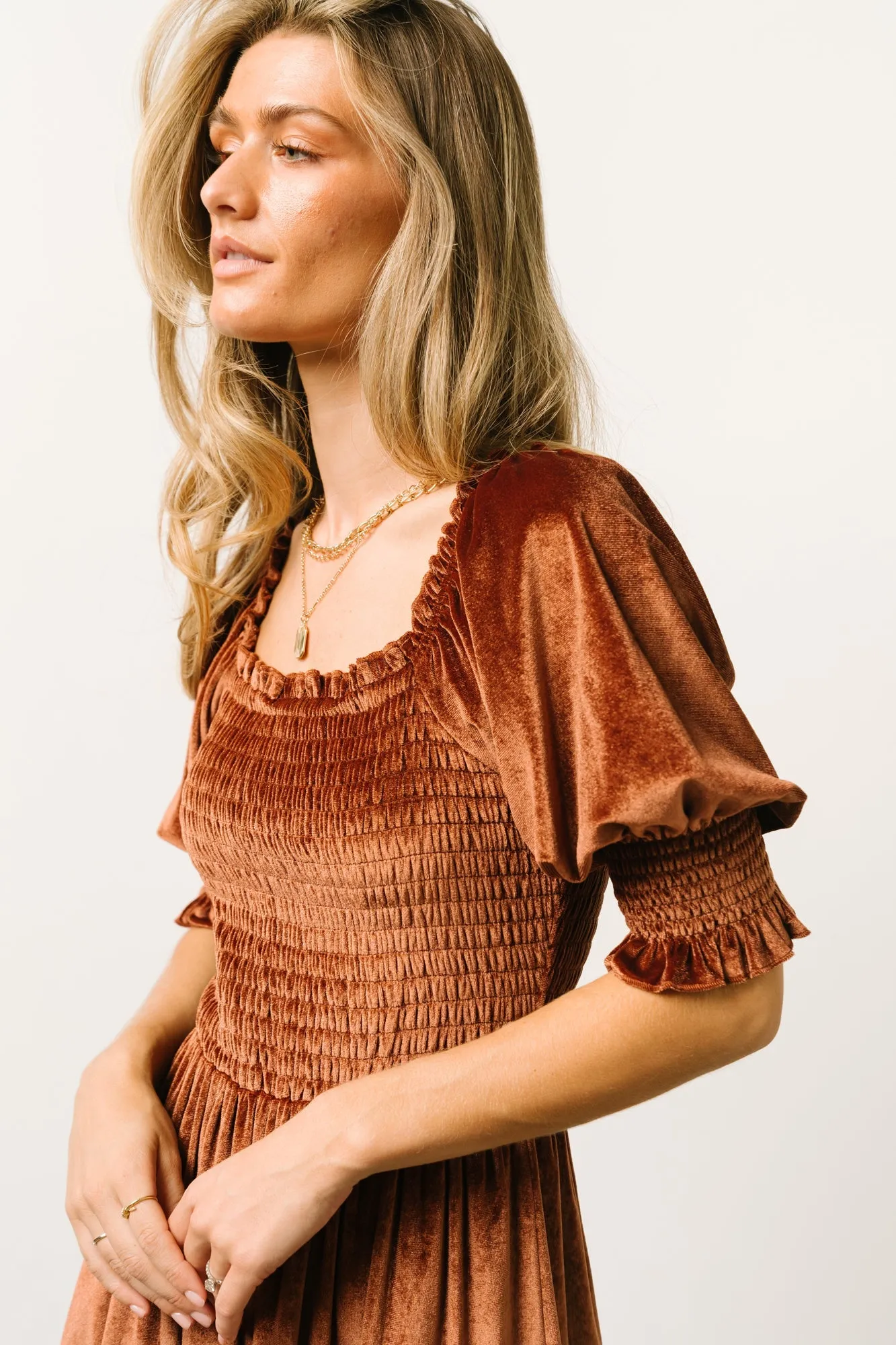 Vivaldi Smocked Velvet Midi Dress | Bronze sold by Baltic Born product image thumbnail 4