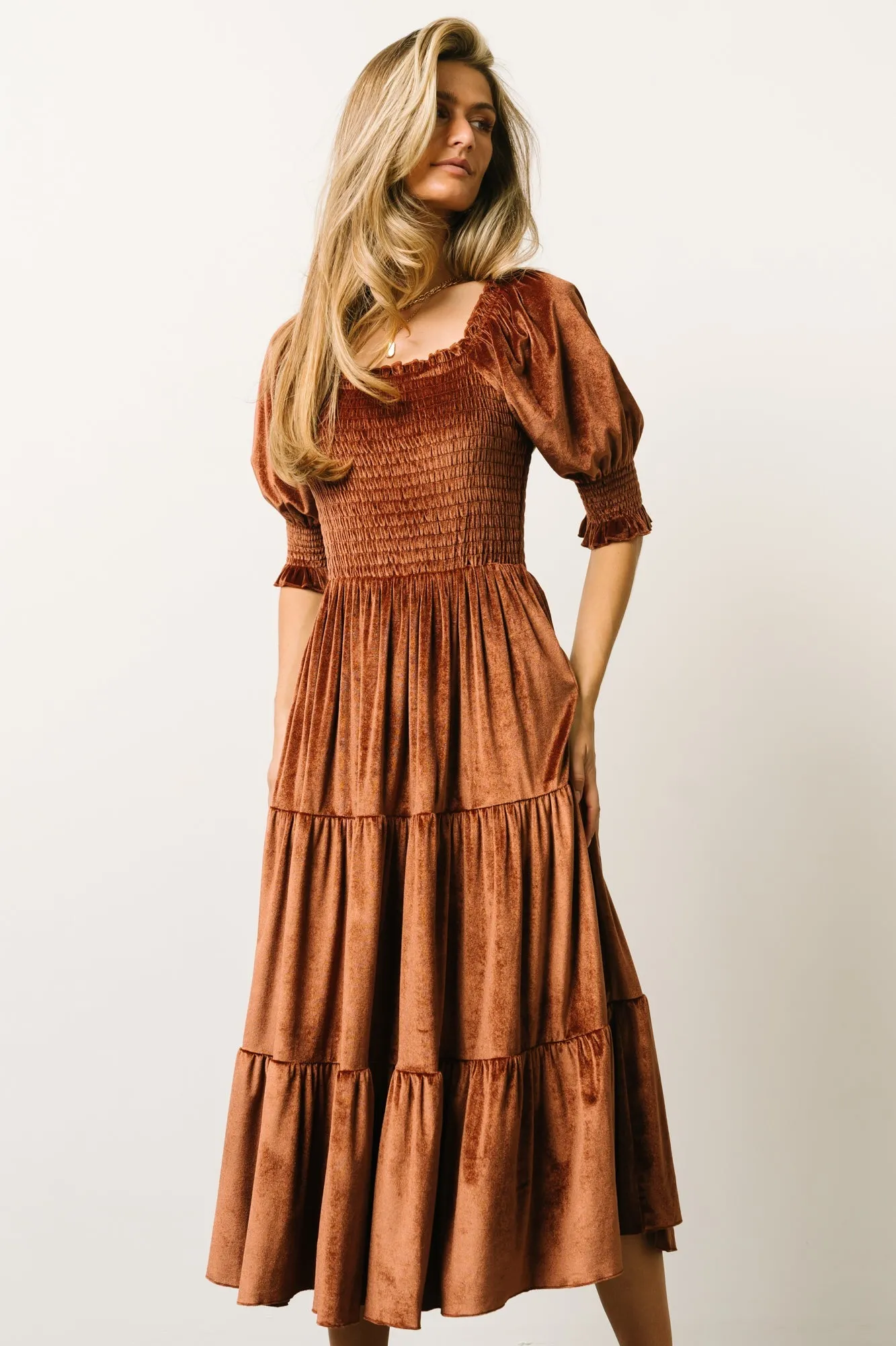 Vivaldi Smocked Velvet Midi Dress | Bronze sold by Baltic Born product image thumbnail 5