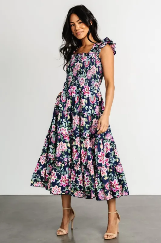 Tatum Smocked Tiered Dress | Navy Multi made by Listicle