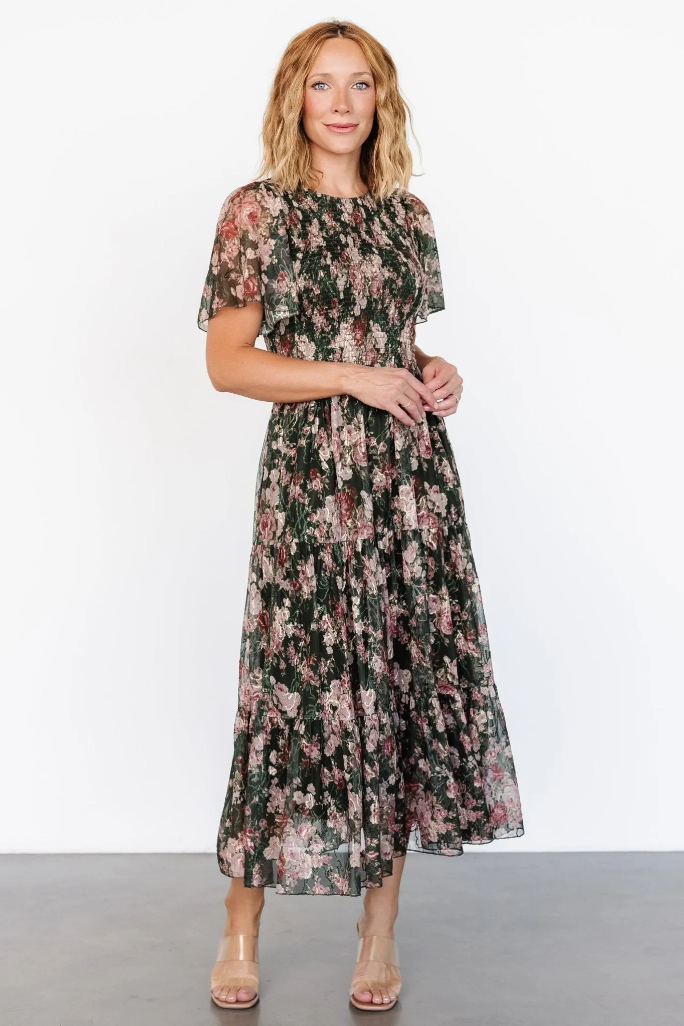 Mara Embroidered Tulle Dress | Dark Green + Blush Floral sold by Baltic Born product image thumbnail 4