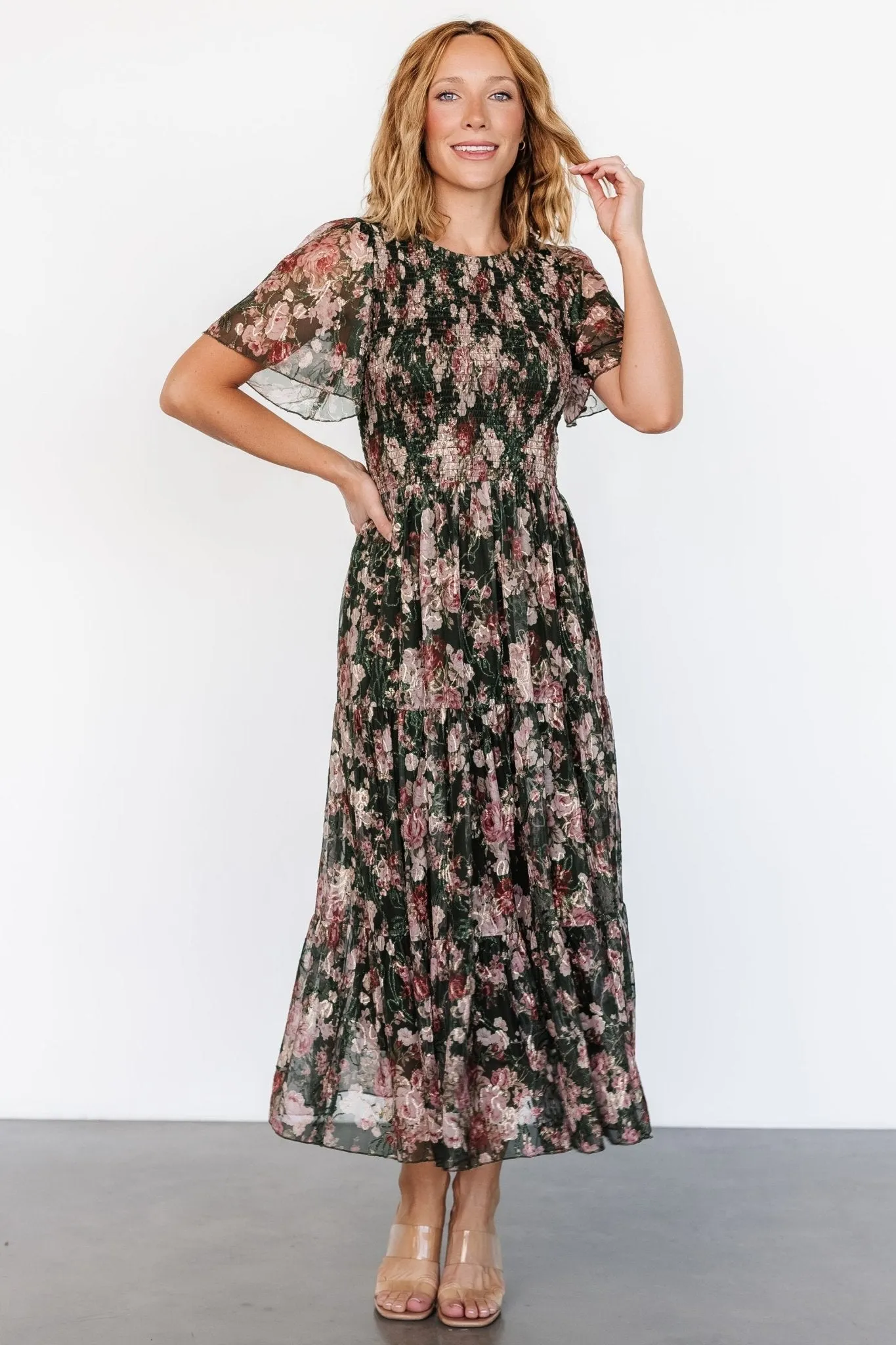 Mara Embroidered Tulle Dress | Dark Green + Blush Floral sold by Baltic Born