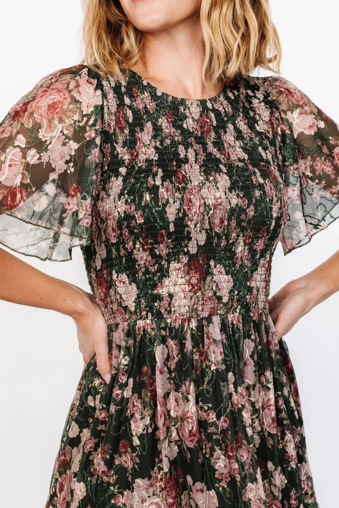 Mara Embroidered Tulle Dress | Dark Green + Blush Floral sold by Baltic Born product image thumbnail 2