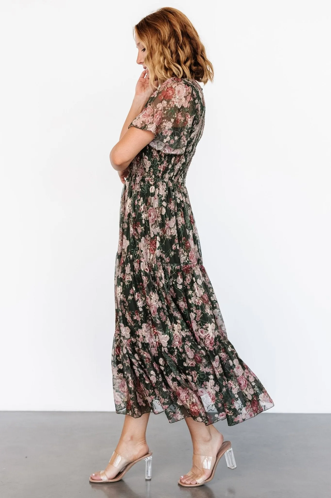 Mara Embroidered Tulle Dress | Dark Green + Blush Floral sold by Baltic Born product image thumbnail 3
