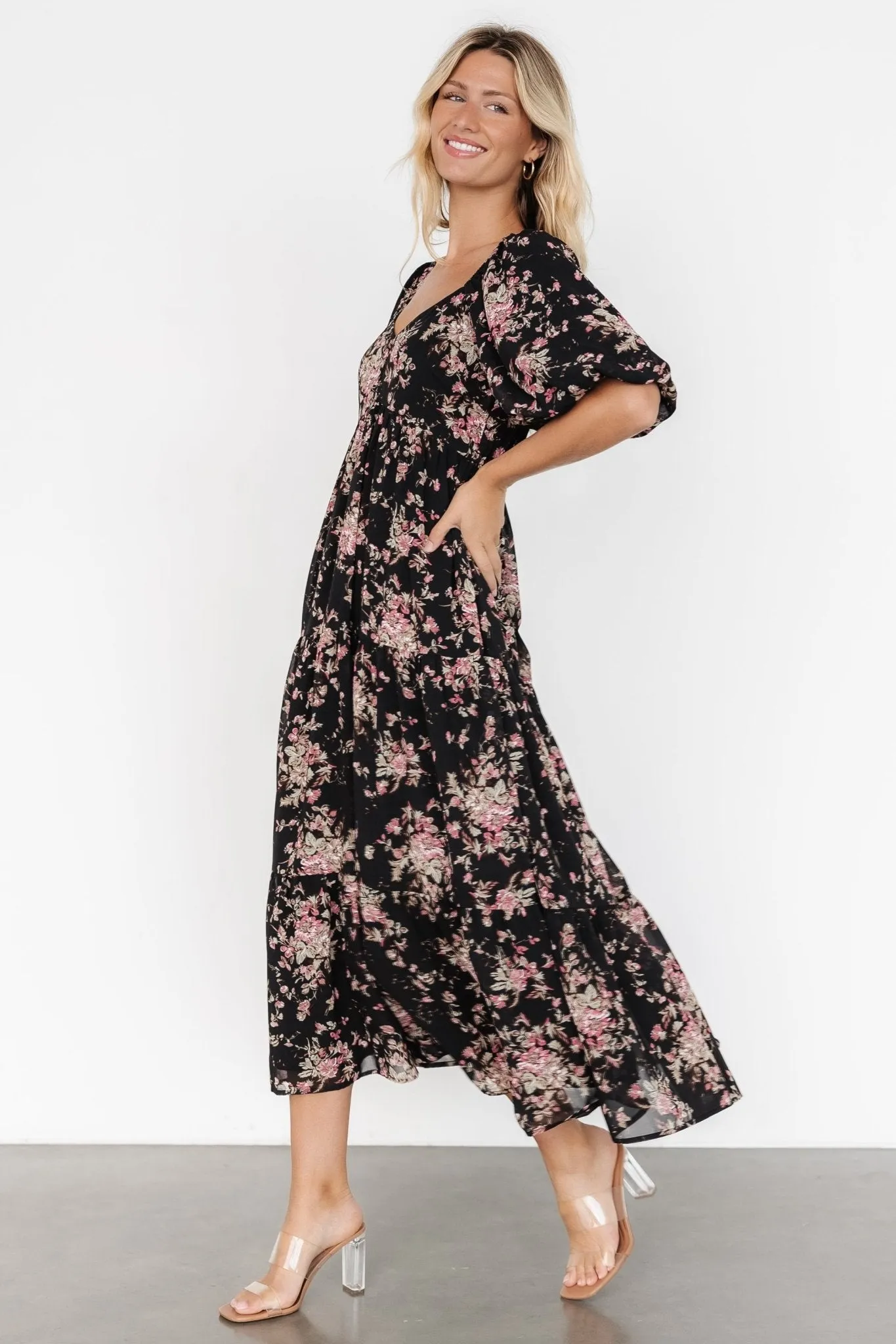 Evelette Dress | Black + Mauve Floral sold by Baltic Born